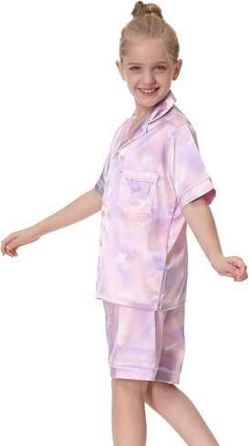 Little Girls Boys Stain Pajamas Set Classic Silk Pjs 2 Piece Loungewear Toddler Kids Button-Down Sleepwear Short/Long Sleeve in Kuwait