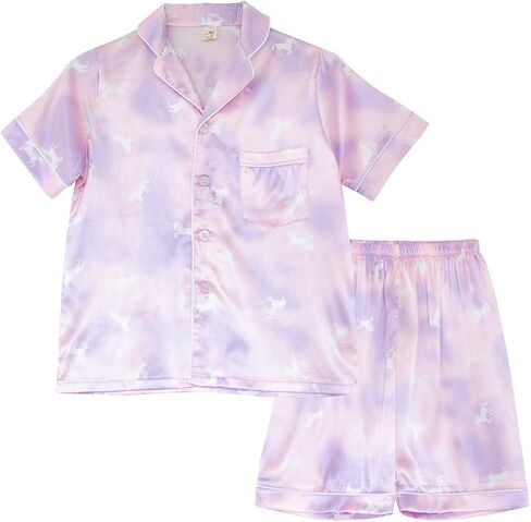 Little Girls Boys Stain Pajamas Set Classic Silk Pjs 2 Piece Loungewear Toddler Kids Button-Down Sleepwear Short/Long Sleeve in Kuwait