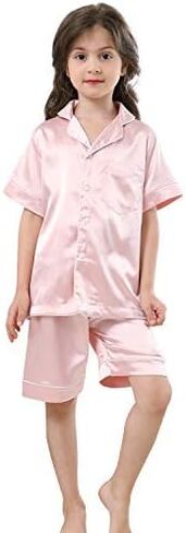 Little Girls Boys Stain Pajamas Set Classic Silk Pjs 2 Piece Loungewear Toddler Kids Button-Down Sleepwear Short/Long Sleeve in Kuwait