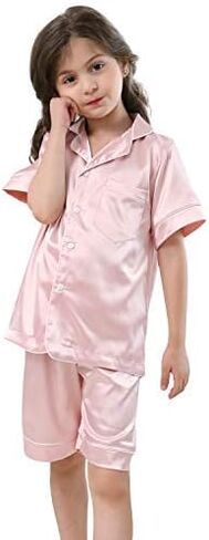 Little Girls Boys Stain Pajamas Set Classic Silk Pjs 2 Piece Loungewear Toddler Kids Button-Down Sleepwear Short/Long Sleeve in Kuwait