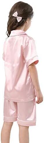 Little Girls Boys Stain Pajamas Set Classic Silk Pjs 2 Piece Loungewear Toddler Kids Button-Down Sleepwear Short/Long Sleeve in Kuwait