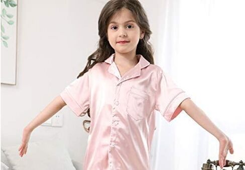 Little Girls Boys Stain Pajamas Set Classic Silk Pjs 2 Piece Loungewear Toddler Kids Button-Down Sleepwear Short/Long Sleeve in Kuwait