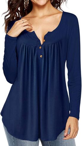 AMCLOS Womens Floral Tie-Dye Tops V Neck T-Shirts Button up Tunic Casual Flowy Pleats Tanks Long Sleeve Blouses in Saudi Arabia