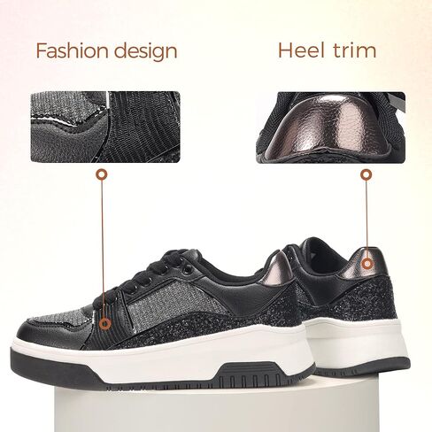 حذاء رياضي نسائي من K KIP WOK للتنس ذو نعل سميك لامع وترتر لامع ورباط كاجوال من الجلد الصناعي in Kuwait