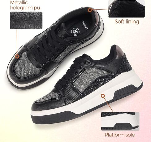 حذاء رياضي نسائي من K KIP WOK للتنس ذو نعل سميك لامع وترتر لامع ورباط كاجوال من الجلد الصناعي in Kuwait