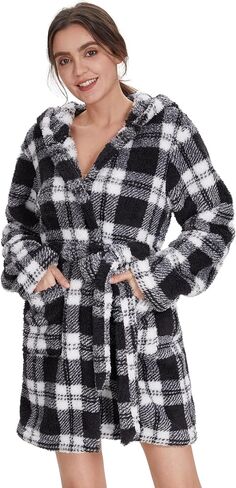 GELIYIYUE رداء حمام قطيفة للنساء من الصوف بغطاء للرأس رداء أشعث دافئ منفوش مع جيوب in Kuwait