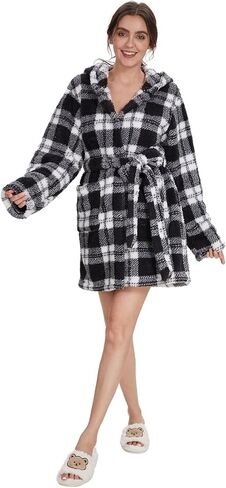 GELIYIYUE رداء حمام قطيفة للنساء من الصوف بغطاء للرأس رداء أشعث دافئ منفوش مع جيوب in Kuwait