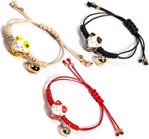 Lucky 3Pcs Cat Maneki Neko Bracelet Set Adjustable Cute Bell Ceramic Bead Braided Rope String Bracelet for Women Girl Teen Wealth Fortune Good Luck Jewelry Birthday BFF Gift in Saudi Arabia