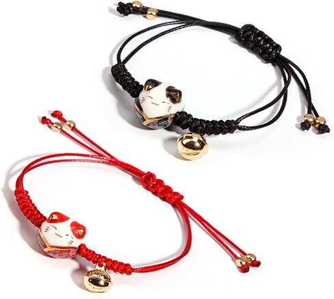 Lucky 3Pcs Cat Maneki Neko Bracelet Set Adjustable Cute Bell Ceramic Bead Braided Rope String Bracelet for Women Girl Teen Wealth Fortune Good Luck Jewelry Birthday BFF Gift in Saudi Arabia