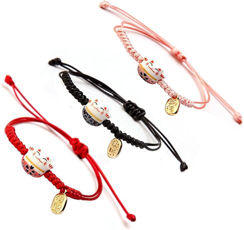 Lucky 3Pcs Cat Maneki Neko Bracelet Set Adjustable Cute Bell Ceramic Bead Braided Rope String Bracelet for Women Girl Teen Wealth Fortune Good Luck Jewelry Birthday BFF Gift in Saudi Arabia