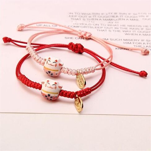 Lucky 3Pcs Cat Maneki Neko Bracelet Set Adjustable Cute Bell Ceramic Bead Braided Rope String Bracelet for Women Girl Teen Wealth Fortune Good Luck Jewelry Birthday BFF Gift in Saudi Arabia