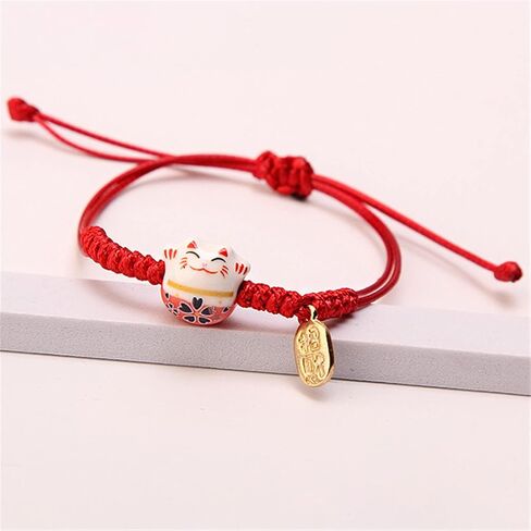 Lucky 3Pcs Cat Maneki Neko Bracelet Set Adjustable Cute Bell Ceramic Bead Braided Rope String Bracelet for Women Girl Teen Wealth Fortune Good Luck Jewelry Birthday BFF Gift in Saudi Arabia