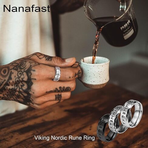Nanafast Viking Rings for Men, Women Silver/Black/Vintage Stainless Steel Norse Rings for men, Runes Viking Ring Bands for Men in Kuwait