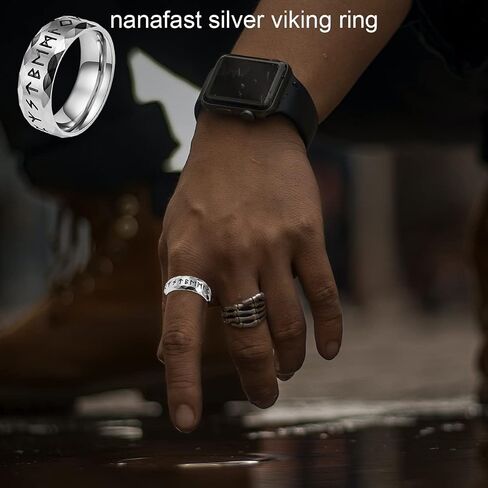 Nanafast Viking Rings for Men, Women Silver/Black/Vintage Stainless Steel Norse Rings for men, Runes Viking Ring Bands for Men in Kuwait