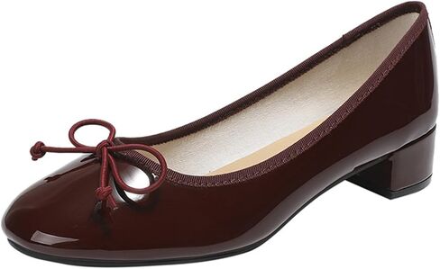 Women's Classic Closed Round Toe Patent Leather Bow Block Heel Loafers - Retro Shallow Slip-On Low Heel Casual Office Dress Shoes in Saudi Arabia