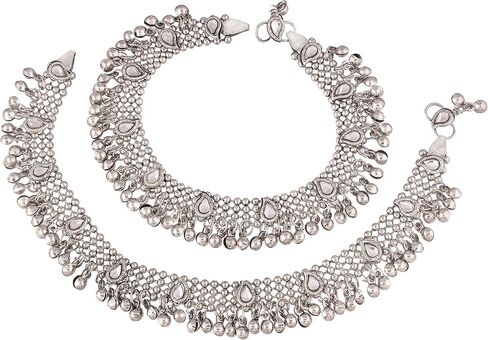 I Jewels Indian Bollywood Silver Plated Wedding Set of 2 Anklet Payal Charm Ankle Bracelet Ethnic Fashion Barefoot Jewelry for Women (A021-1) in Saudi Arabia