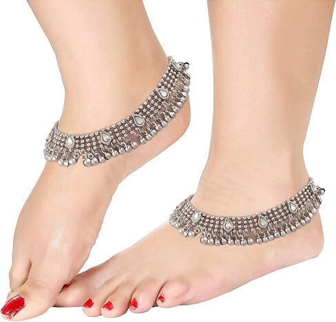 I Jewels Indian Bollywood Silver Plated Wedding Set of 2 Anklet Payal Charm Ankle Bracelet Ethnic Fashion Barefoot Jewelry for Women (A021-1) in Saudi Arabia