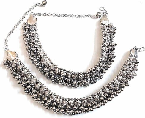 خلخال هندي تقليدي بوليوود من الفضة المؤكسدة مطلي بخرز غونجرو، مجوهرات للنساء والفتيات، نحاس معدني، لؤلؤ in Kuwait