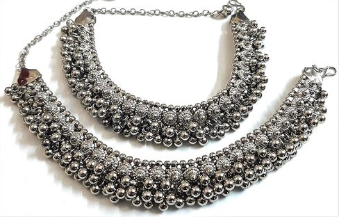 خلخال هندي تقليدي بوليوود من الفضة المؤكسدة مطلي بخرز غونجرو، مجوهرات للنساء والفتيات، نحاس معدني، لؤلؤ in Kuwait