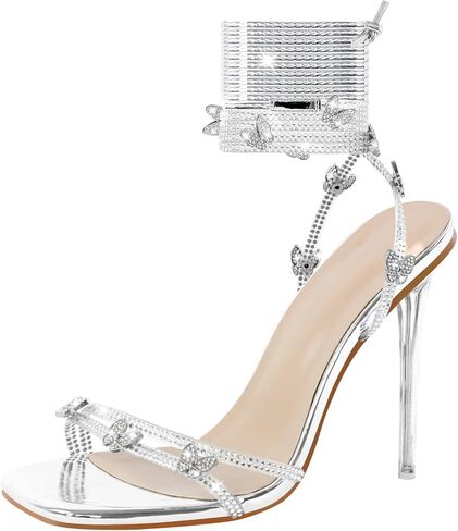 LISHAN Women's Rhinestones Studded Gladiator Lace Up Clear High Heels in Saudi Arabia