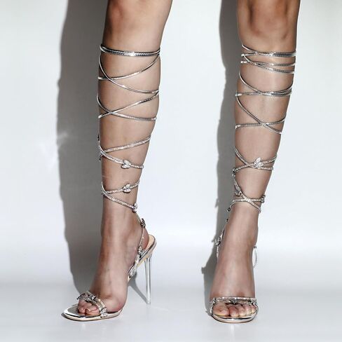 LISHAN Women's Rhinestones Studded Gladiator Lace Up Clear High Heels in Saudi Arabia