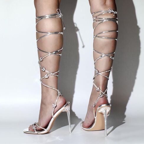 LISHAN Women's Rhinestones Studded Gladiator Lace Up Clear High Heels in Saudi Arabia