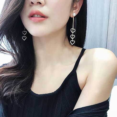 Crystal Love Heart Dangle Earrings,Cute Rhinestone Peach Heart Long Tassel Drop Earrings Zircon Pearl Jewelry for Women Girls in Kuwait