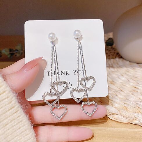Crystal Love Heart Dangle Earrings,Cute Rhinestone Peach Heart Long Tassel Drop Earrings Zircon Pearl Jewelry for Women Girls in Kuwait