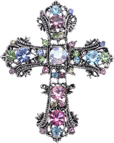 Alilang Antique Silvery Tone Multi Rhinestones Colorful Holy Cross Brooch Pin in Saudi Arabia