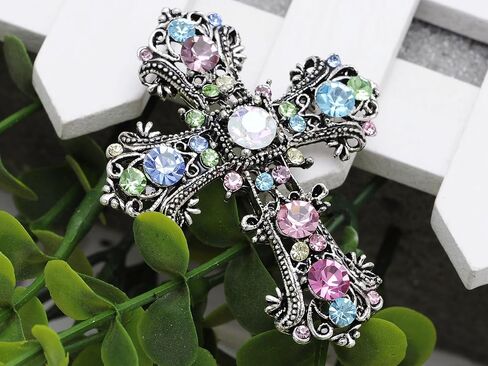 Alilang Antique Silvery Tone Multi Rhinestones Colorful Holy Cross Brooch Pin in Saudi Arabia