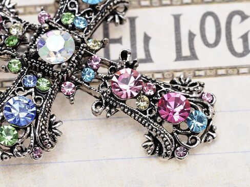 Alilang Antique Silvery Tone Multi Rhinestones Colorful Holy Cross Brooch Pin in Saudi Arabia