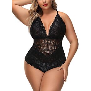 Aranmei Sexy Plus Size Teddy Lingerie,Snap Crotch Lace Bodysuit,Deep V One Piece Lingerie for Women 1X-4X