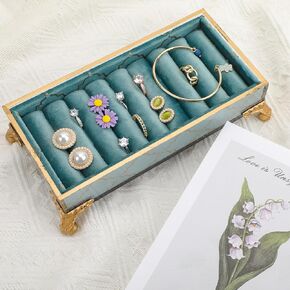 Vintage Velvet Slots Ring Holder for Jewelry Organizer, Ring Display Stand for Selling, Felt Ring Jewelry Earring Necklace Bracelet Tray Showcase (Blue Gold Velvet)