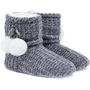 LORDFON Chenille Knit Womens Bootie Slippers with Cute Pom Pom,Comfy Winter Warm Plush Lining House Shoes,Indoor Boot Slippers for Women