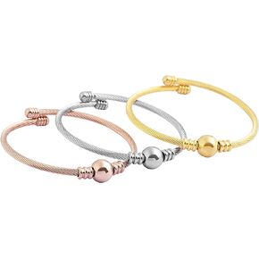EDFORCE 3 Tone Stainless Steel Hypoallergenic Stacked Twisted Cable Wire Bangle Adjustable Cuff Bracelet Set, Set of 3, 6"-7.5"