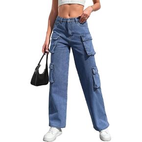 Womens Cargo Jeans High Waisted Cargo Pants Y2k Baggy Wide Leg Denim Trousers with Flap Pockets