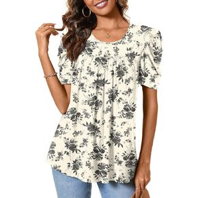 Anydeer Women Tunic Top Summer Short Puff Sleeve Chest Pleated T-Shirt Casual Blouse Loose Tee
