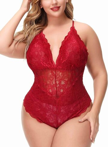 Aranmei Sexy Plus Size Teddy Lingerie,Snap Crotch Lace Bodysuit,Deep V One Piece Lingerie for Women 1X-4X in Saudi Arabia