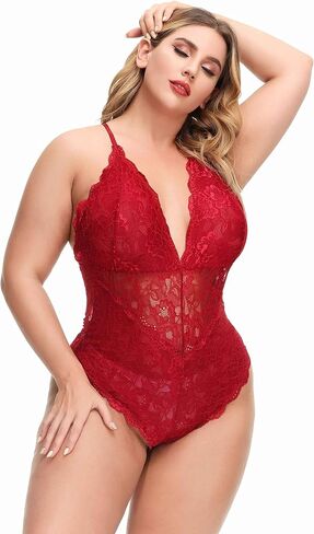 Aranmei Sexy Plus Size Teddy Lingerie,Snap Crotch Lace Bodysuit,Deep V One Piece Lingerie for Women 1X-4X in Saudi Arabia
