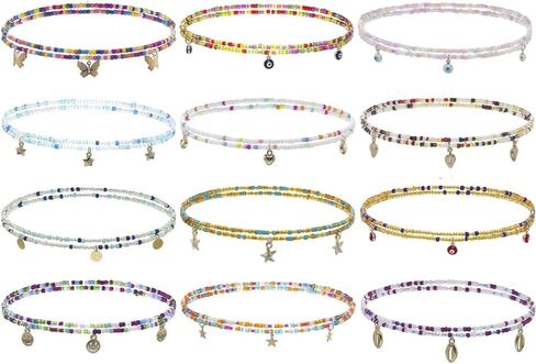 PIGIAOKA 12 قطعة من الخرز سلسلة الخصر البطن مطرز سلاسل الجسم طبقات مرنة الخرز الملونة الجسم سلاسل الخصر مجوهرات الجسم التبعي للنساء والفتيات in Kuwait