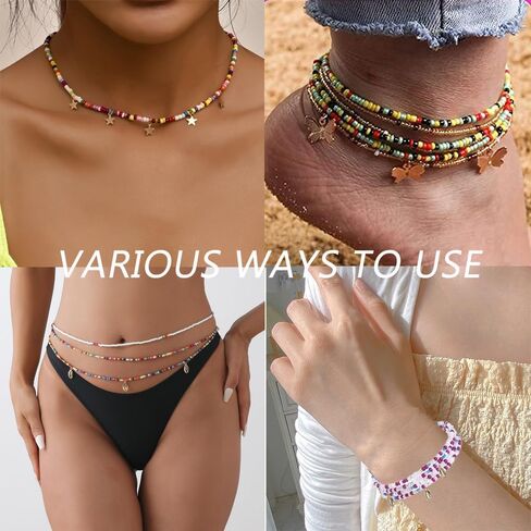 PIGIAOKA 12 قطعة من الخرز سلسلة الخصر البطن مطرز سلاسل الجسم طبقات مرنة الخرز الملونة الجسم سلاسل الخصر مجوهرات الجسم التبعي للنساء والفتيات in Kuwait