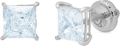4.0 ct Brilliant Princess Cut Solitaire Natural Genuine Swiss Blue Topaz Gemstone VVS1 Ideal Pair of Designer Stud Earrings Solid 18k White Gold Screw Back in Saudi Arabia