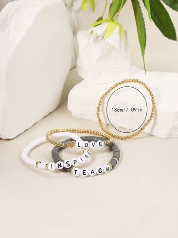 Beaded Teacher Bracelet for Women Girls Colorful Ploymer Clay Love Teach Inspire Stretch Letter Bracelets Handmade Beaded Teacher Appreciation Bracelet Gifts in Saudi Arabia