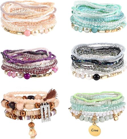 FIBO STEEL Bohemian Stackable Bracelets for Women Beaded Bracelets Stretch Multilayered Bracelet Set Multicolor Boho Bracelets in Saudi Arabia