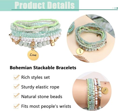 FIBO STEEL Bohemian Stackable Bracelets for Women Beaded Bracelets Stretch Multilayered Bracelet Set Multicolor Boho Bracelets in Saudi Arabia
