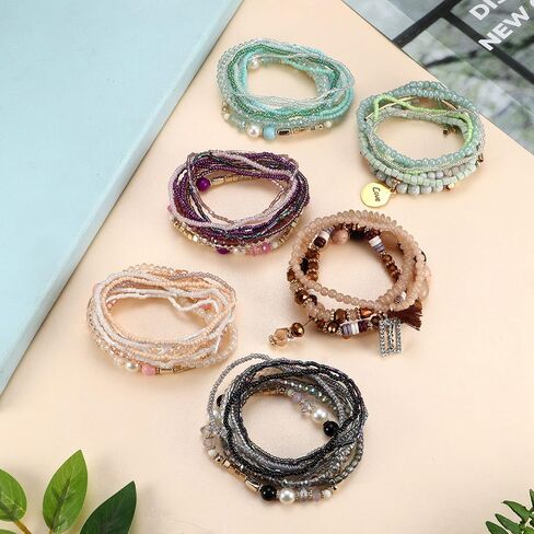 FIBO STEEL Bohemian Stackable Bracelets for Women Beaded Bracelets Stretch Multilayered Bracelet Set Multicolor Boho Bracelets in Saudi Arabia