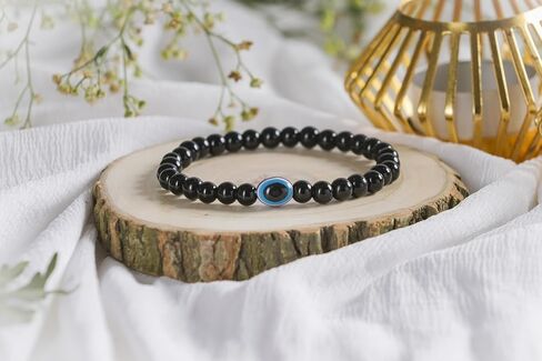 REBUY Black Tourmaline Bracelet Evil Eye Natural Healing Stone Gemstone Bracelet for Men & Women, Color Black, Bead Size 6 mm in Saudi Arabia