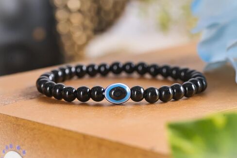 REBUY Black Tourmaline Bracelet Evil Eye Natural Healing Stone Gemstone Bracelet for Men & Women, Color Black, Bead Size 6 mm in Saudi Arabia