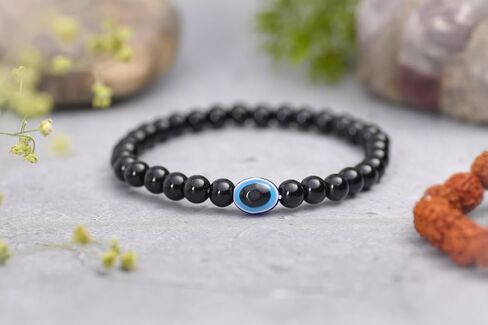 REBUY Black Tourmaline Bracelet Evil Eye Natural Healing Stone Gemstone Bracelet for Men & Women, Color Black, Bead Size 6 mm in Saudi Arabia
