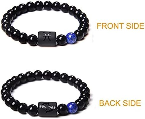 JIAHATE زودياك تمتد أساور الرجال النساء، 8 مم 10 مم حجر العقيق الأسود الطبيعي نجمة زودياك المجوهرات علامة كوكبة ابراج تاريخ الميلاد حبة سوار in Kuwait